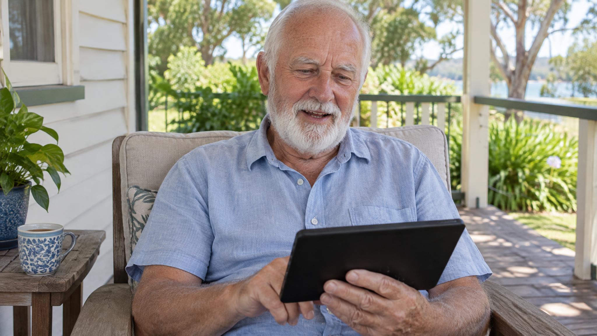 Older man practising speech exercises on a tablet on his back verandah