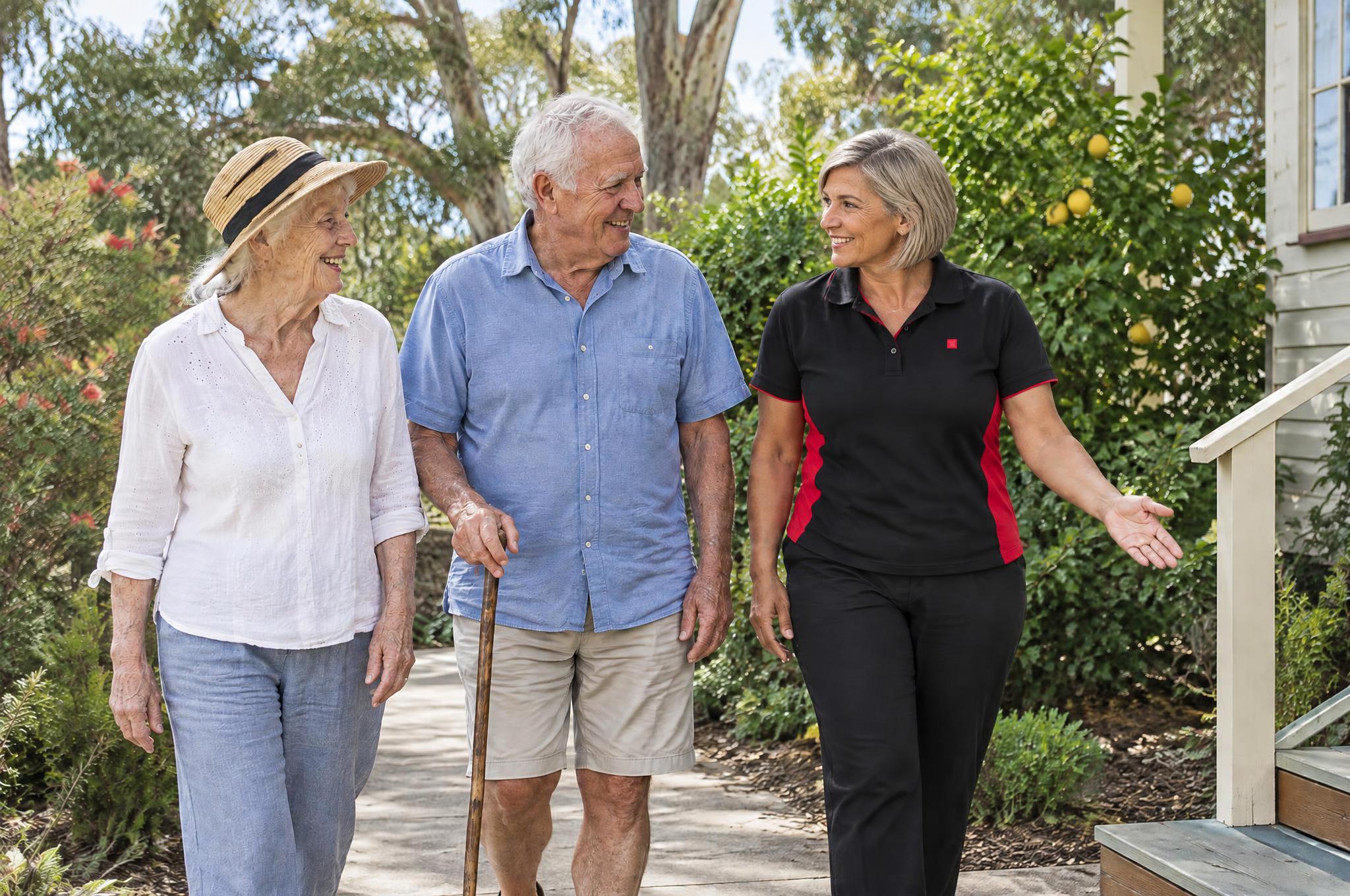 Occupational therapist walking with an older couple along their garden path towards the front steps of their home
