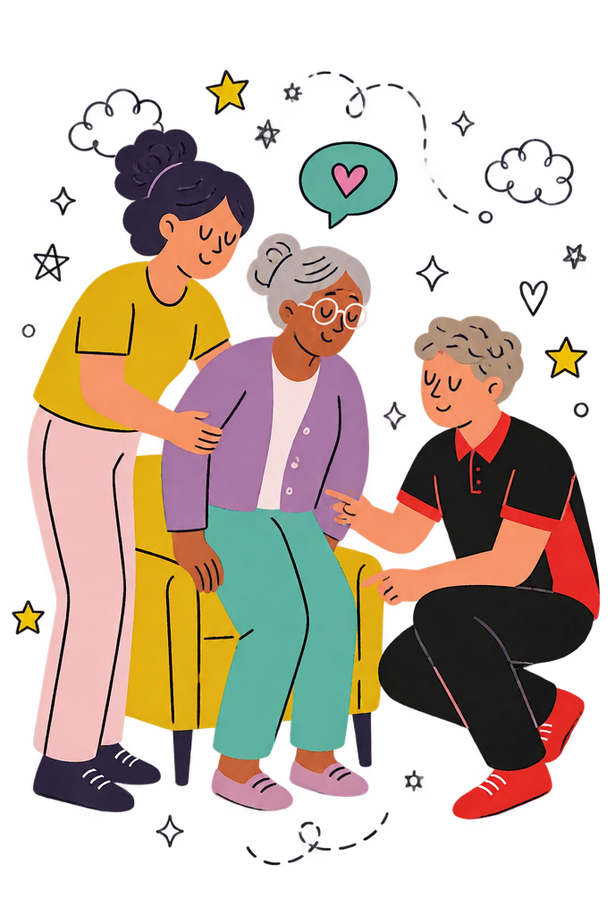 Illustration of an occupational therapist showing a carer how to help an older woman stand from an armchair