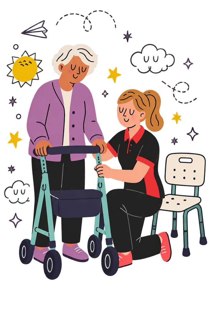 Illustration of an occupational therapist adjusting an older woman's walker next to a shower chair