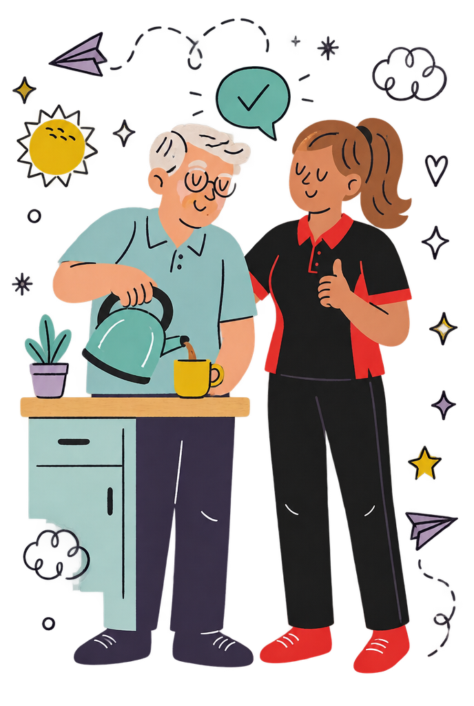 Illustration of an occupational therapist encouraging an older man as he makes a cup of tea