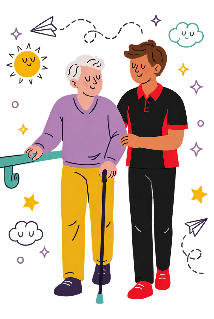 Illustration of an occupational therapist walking beside an older man using a rail and walking stick