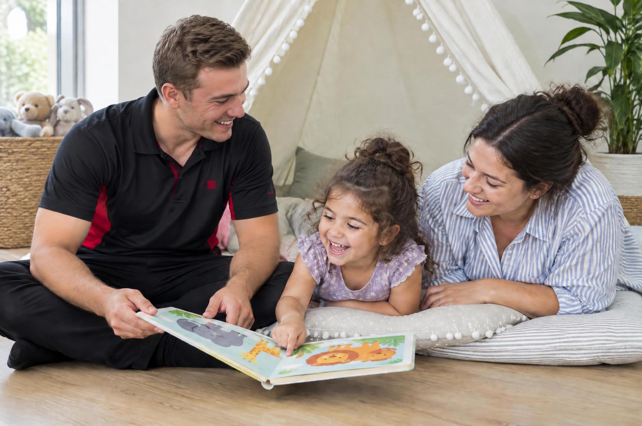 Children's speech pathologist reading an animal picture book with a laughing girl and her mum on the floor at home