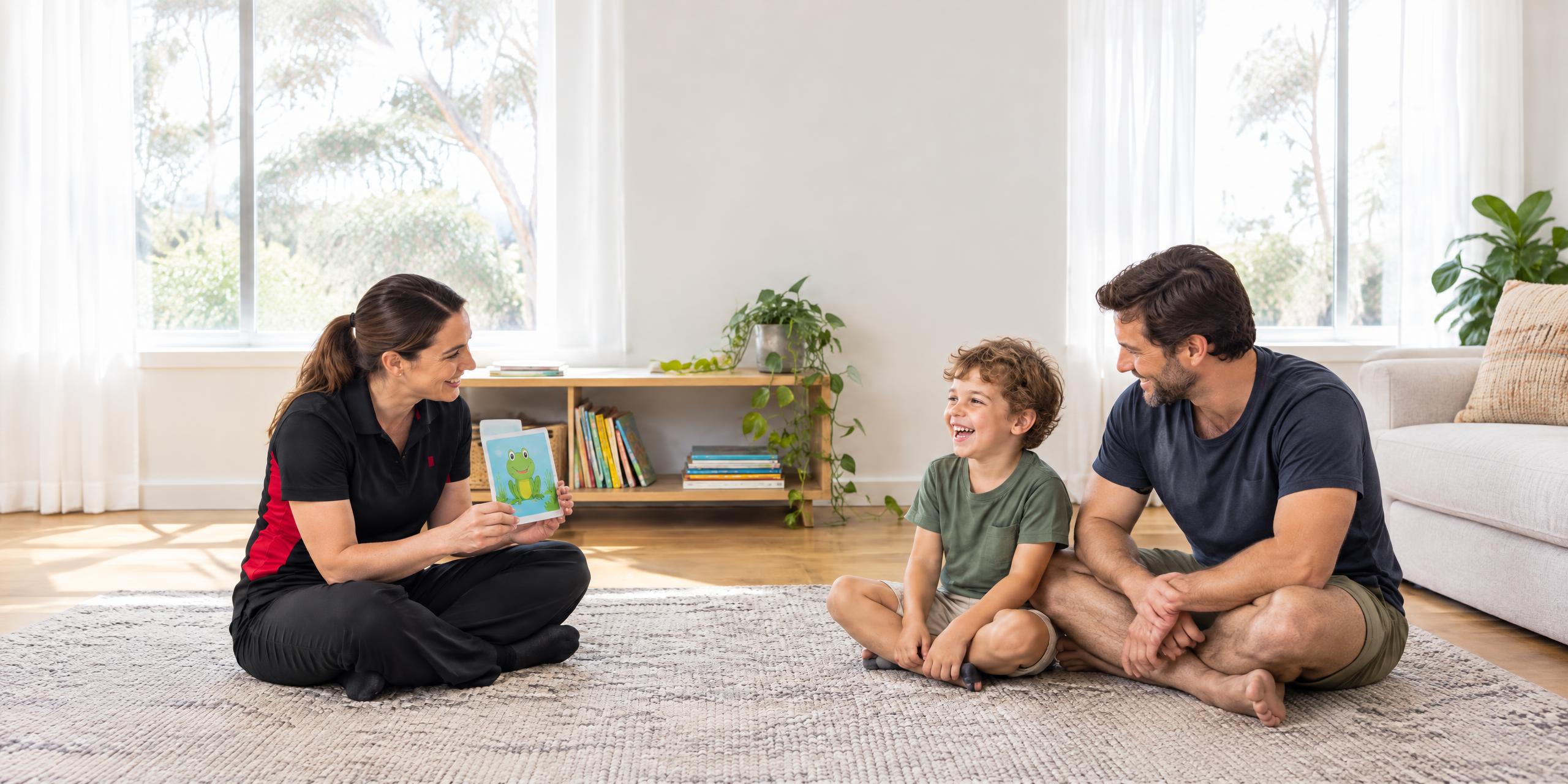 Speech pathologist using a picture card with a laughing young boy and his dad on the lounge room floor