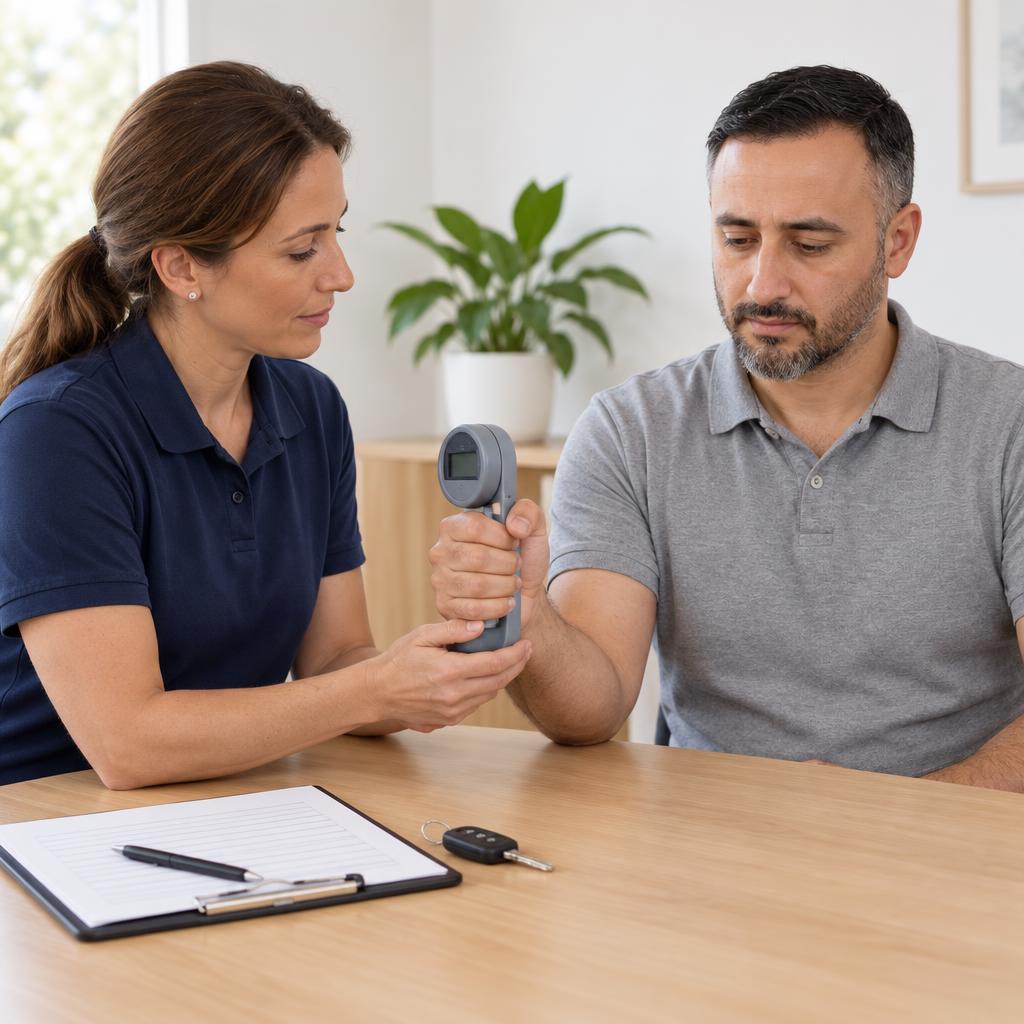 Occupational therapist measuring a man's grip strength with a hand dynamometer during the off-road part of a driving assessment