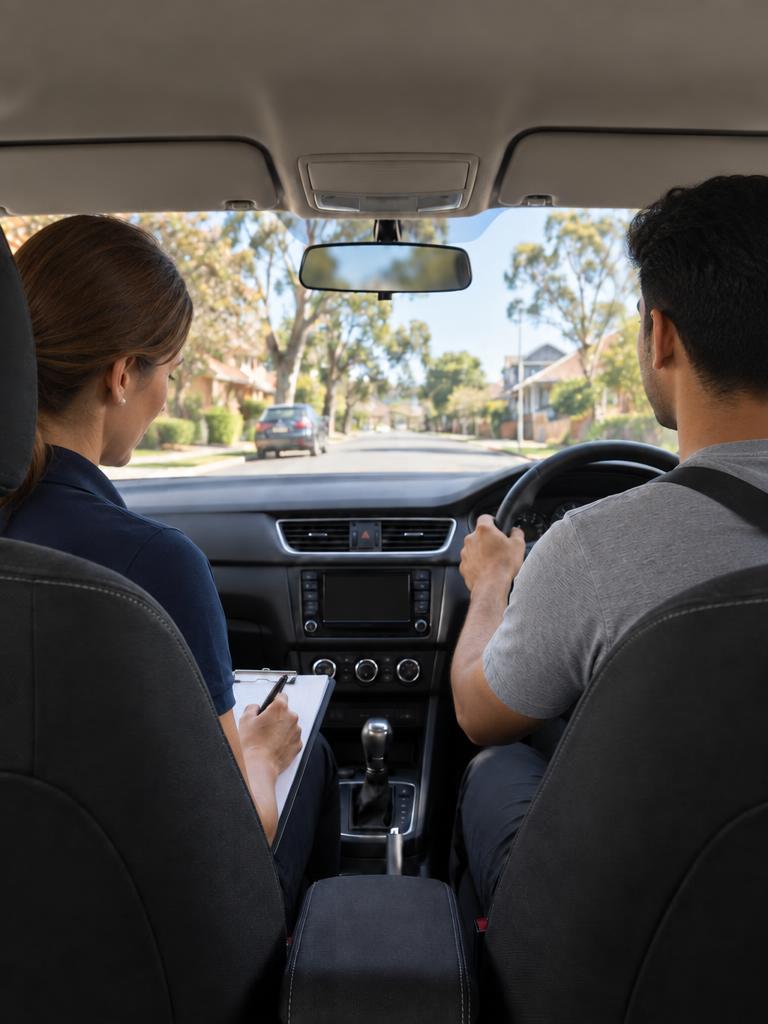 Occupational therapist taking notes while a young man drives during an OT driving assessment on a suburban street