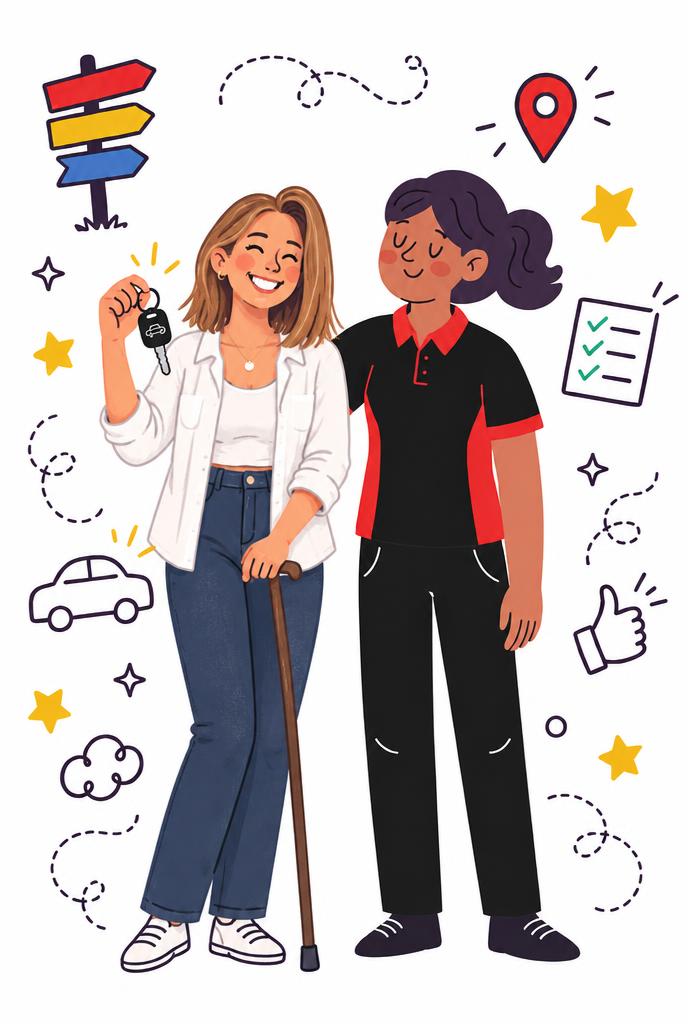 Illustration of a smiling woman with a walking stick holding up her car keys beside an occupational therapist
