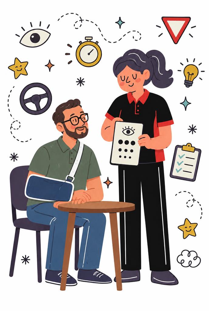 Illustration of an occupational therapist showing a vision card to a man with his arm in a sling during an off-road driving assessment