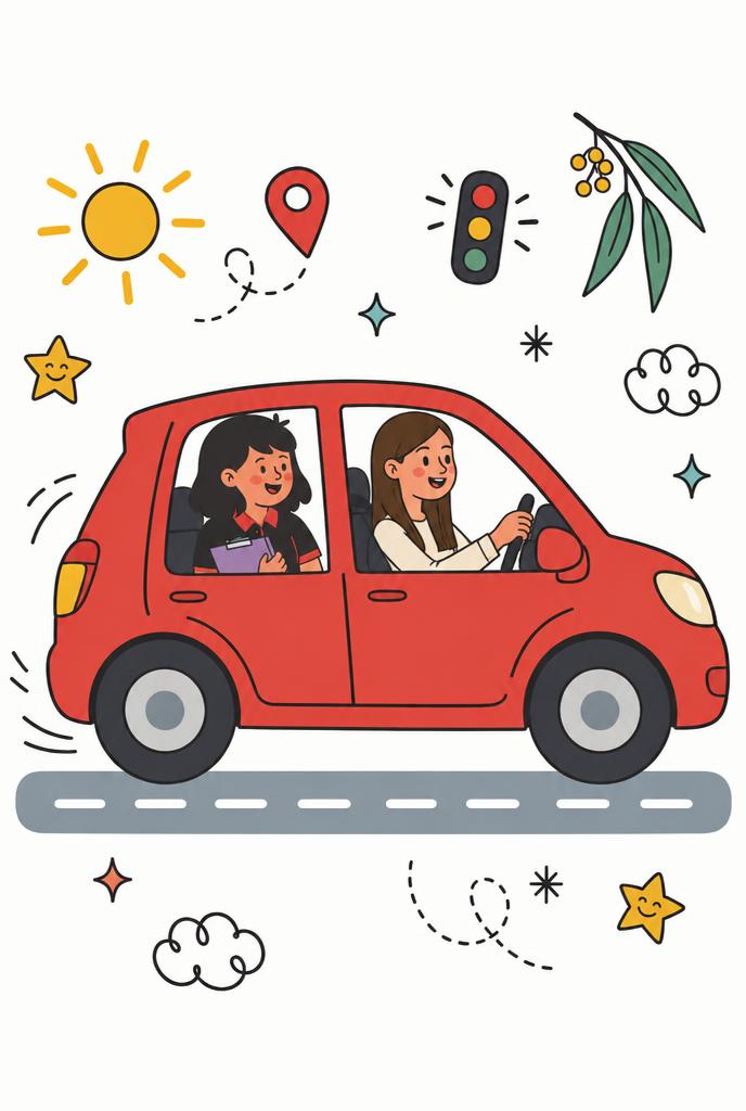 Illustration of a young woman driving a red car with an occupational therapist in the back seat during an on-road driving assessment