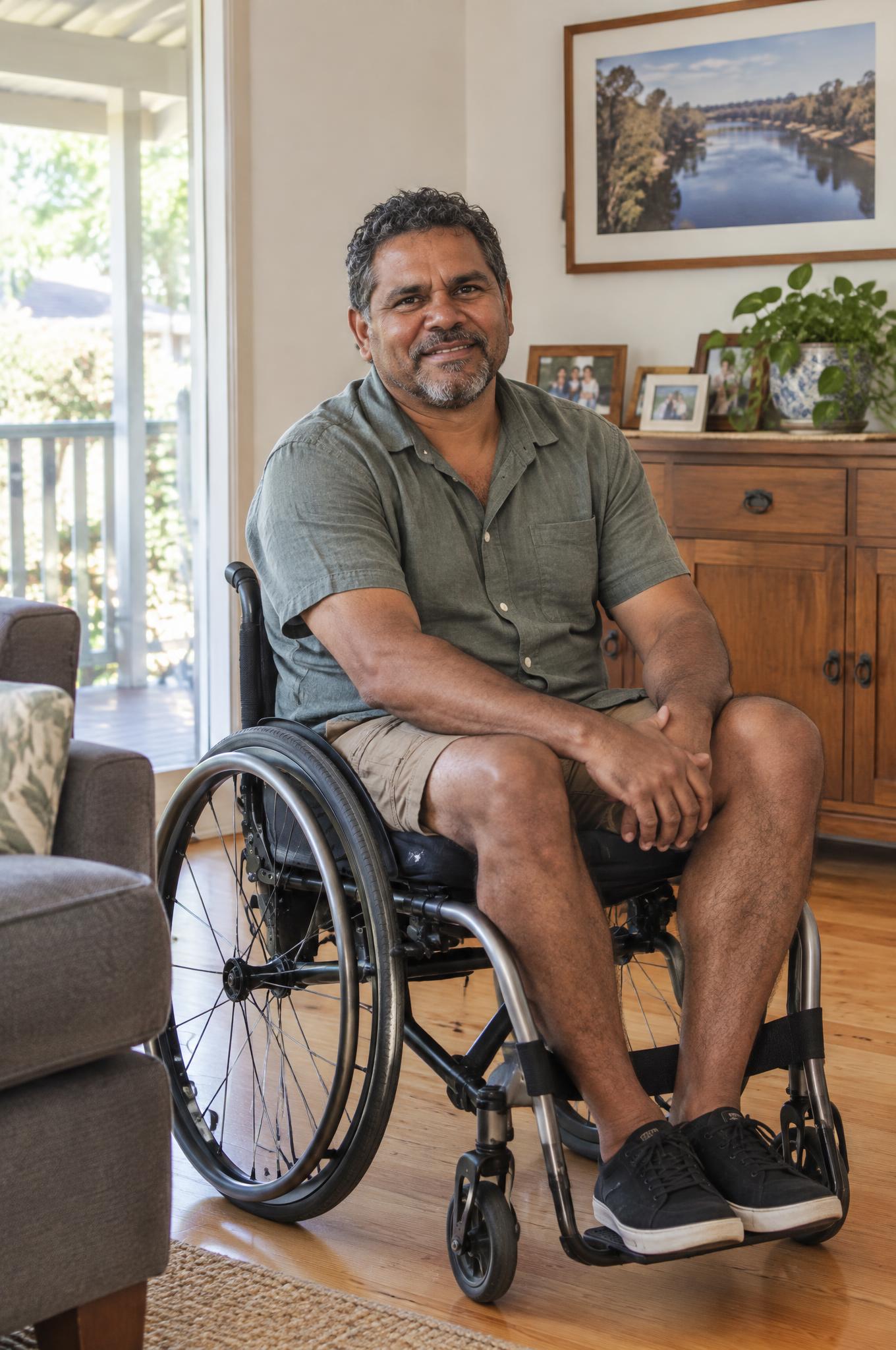 Man in a lightweight wheelchair smiling in his lounge room with family photos behind him