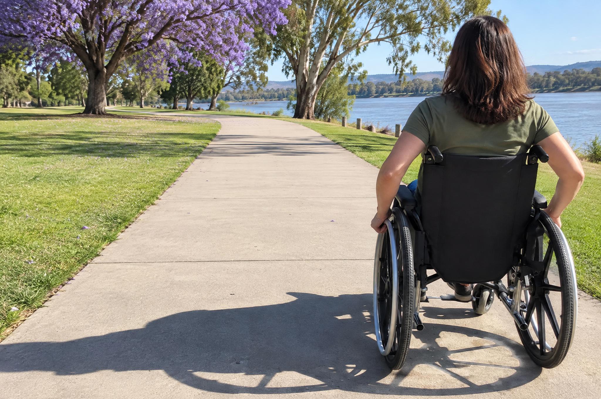 Woman pushing her wheelchair along a riverside footpath under jacaranda and gum trees on a sunny day