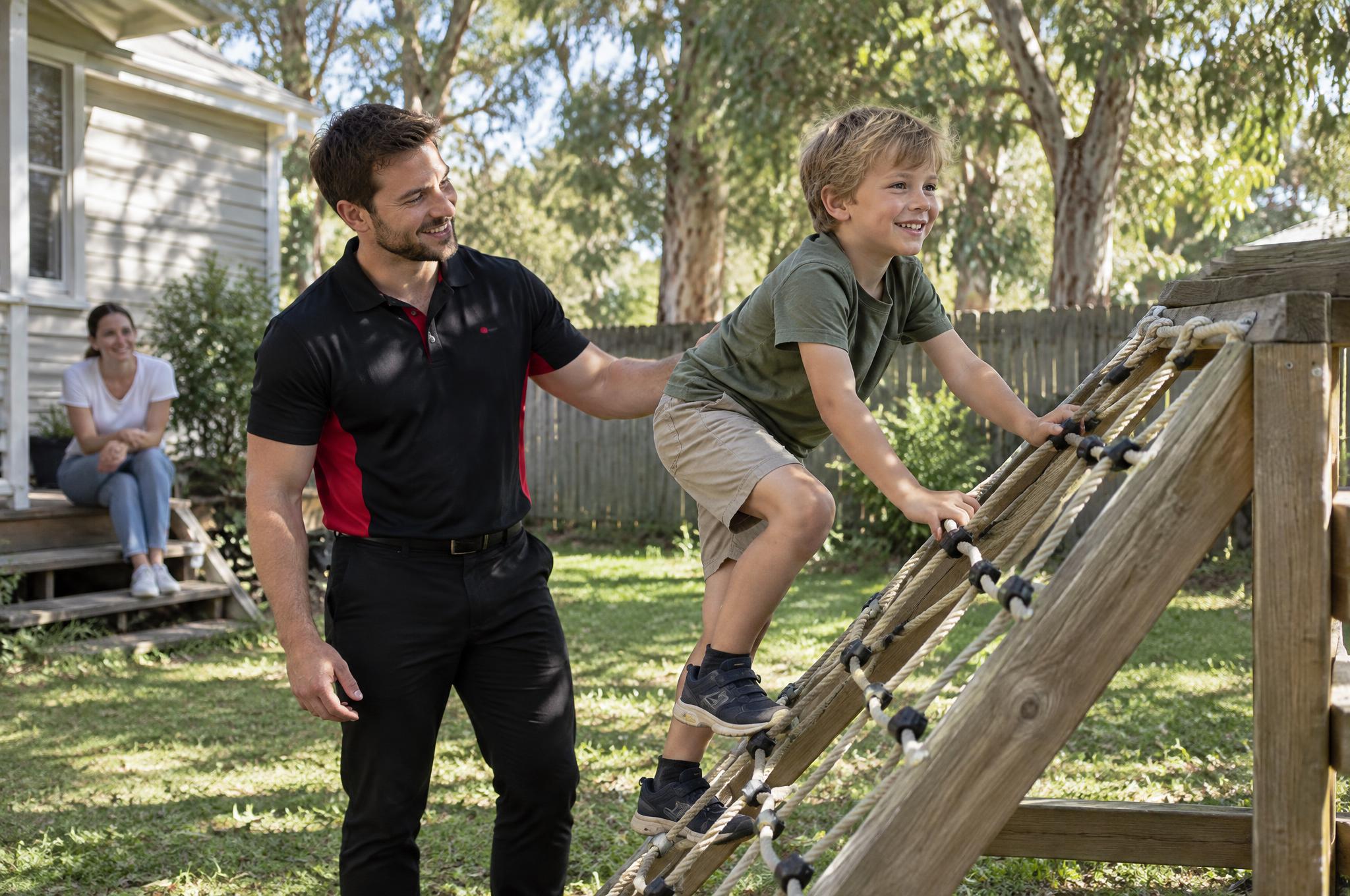 Occupational therapist spotting a smiling boy as he climbs a low rope frame in his backyard while his mum watches from the steps