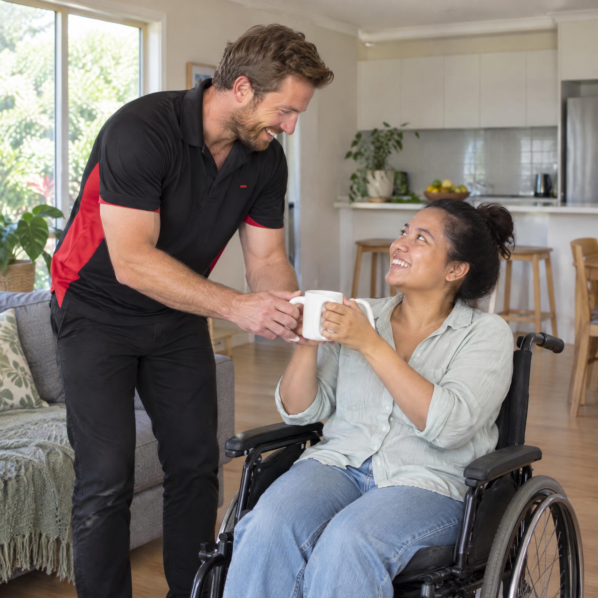 Occupational therapist handing a two-handled adapted mug to a woman in a wheelchair in her living room