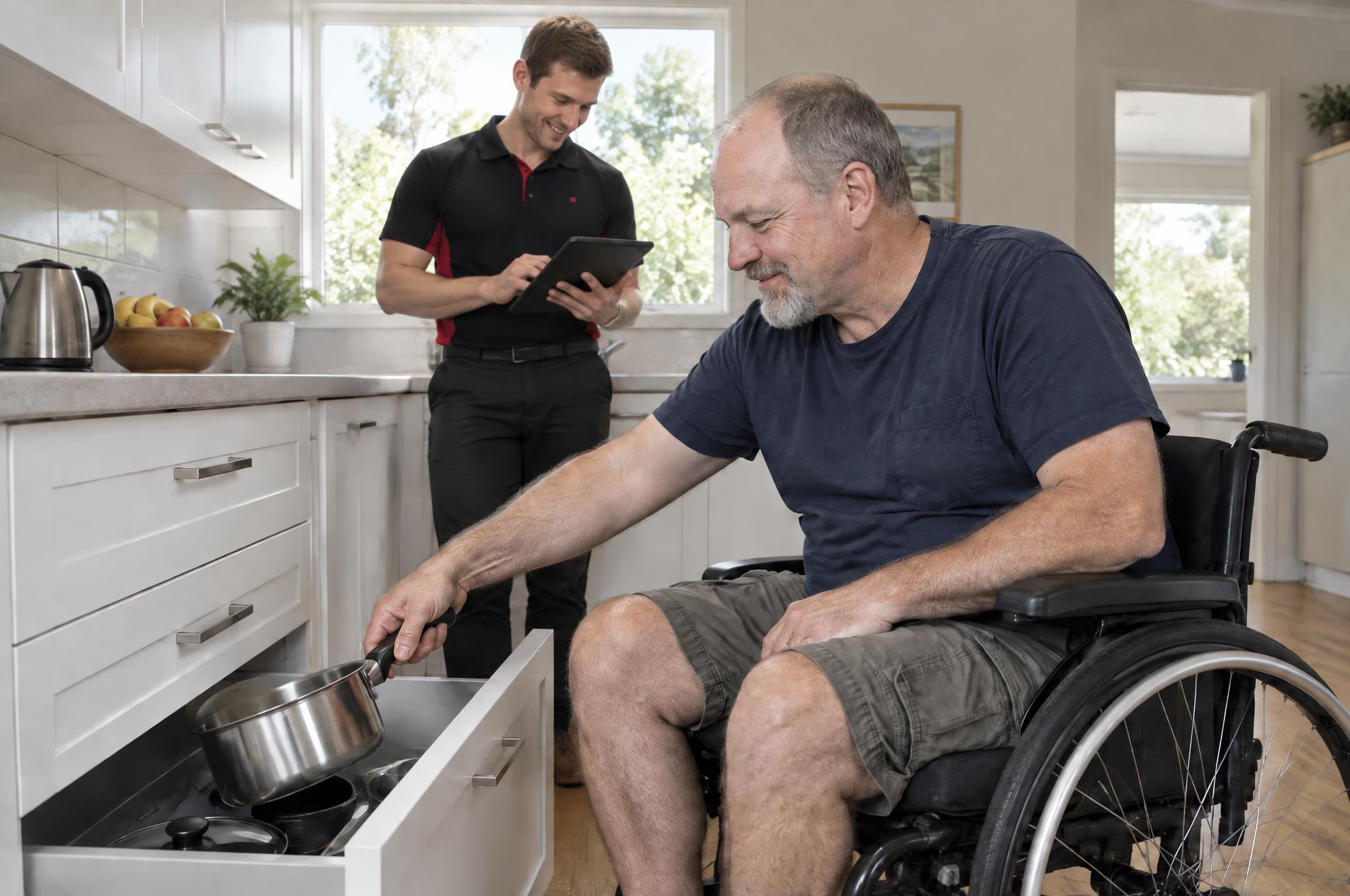 Occupational therapist with a tablet watching a man in a wheelchair reach a saucepan from a low kitchen drawer