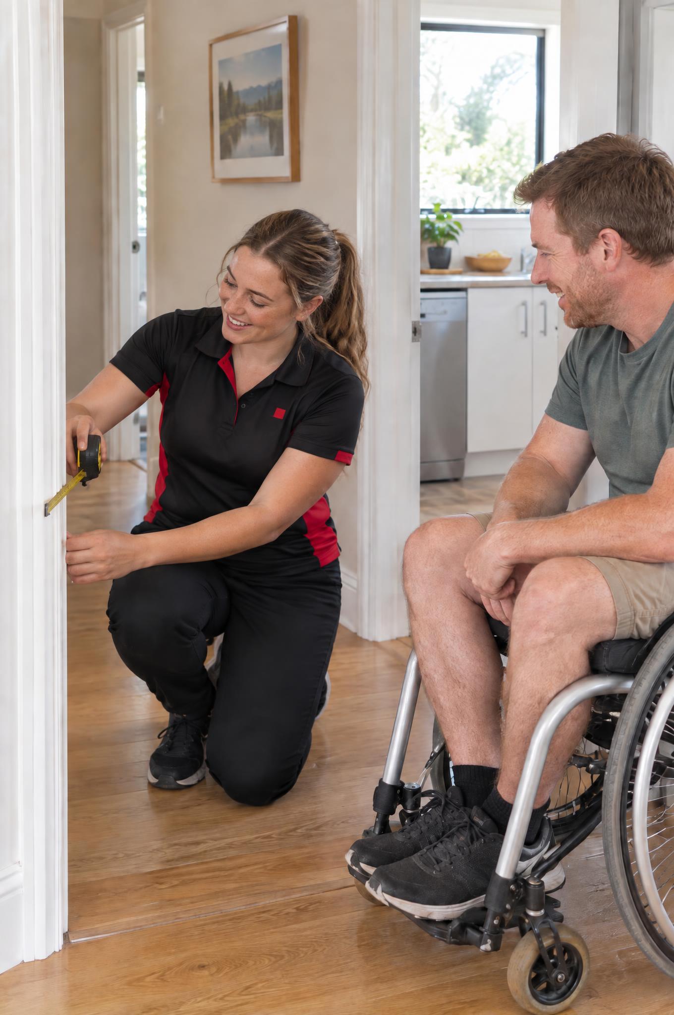Occupational therapist measuring a doorway width while a man in a wheelchair looks on at home