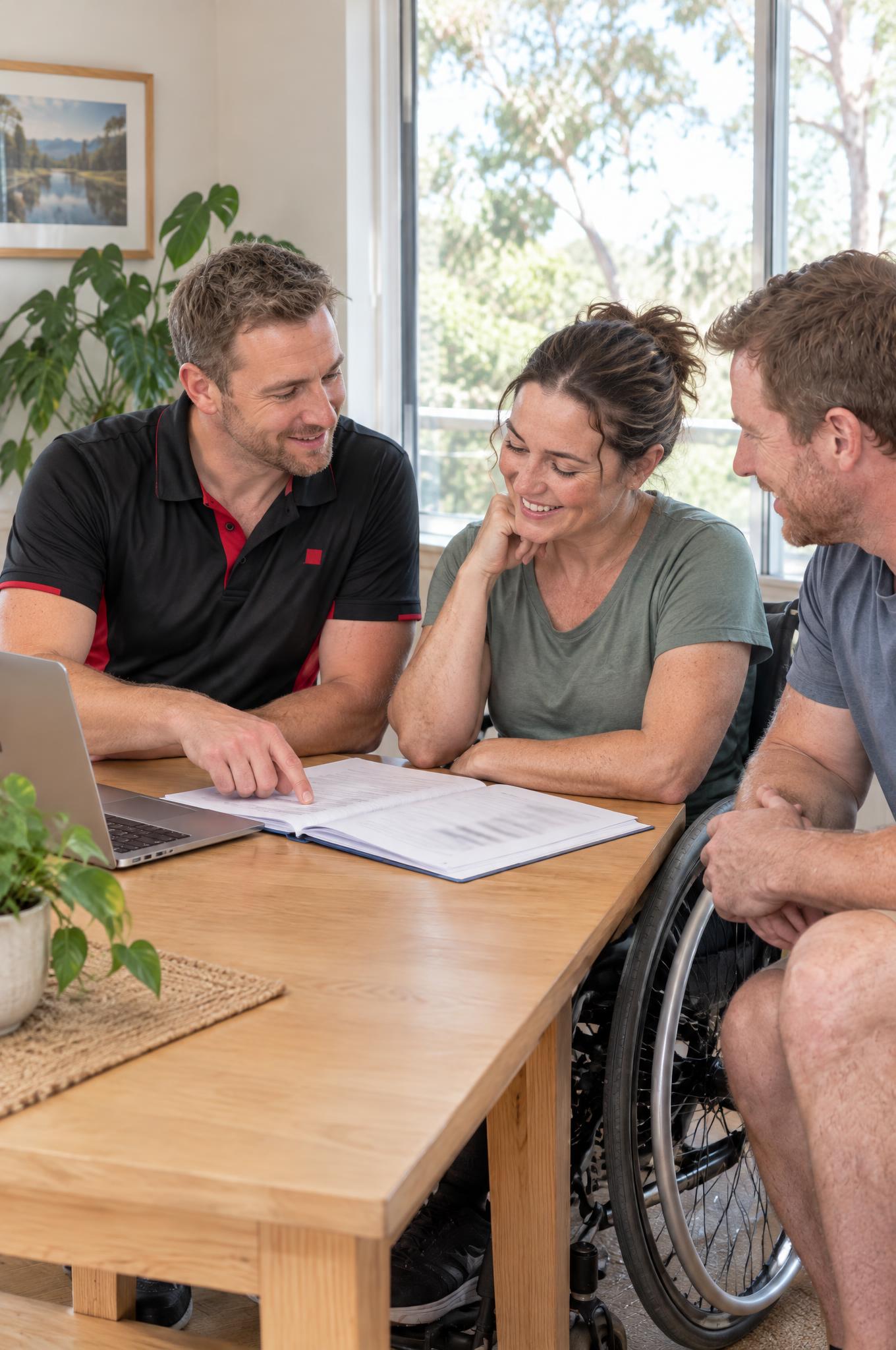 Occupational therapist going through a written NDIS report with a woman who uses a wheelchair and her partner at home