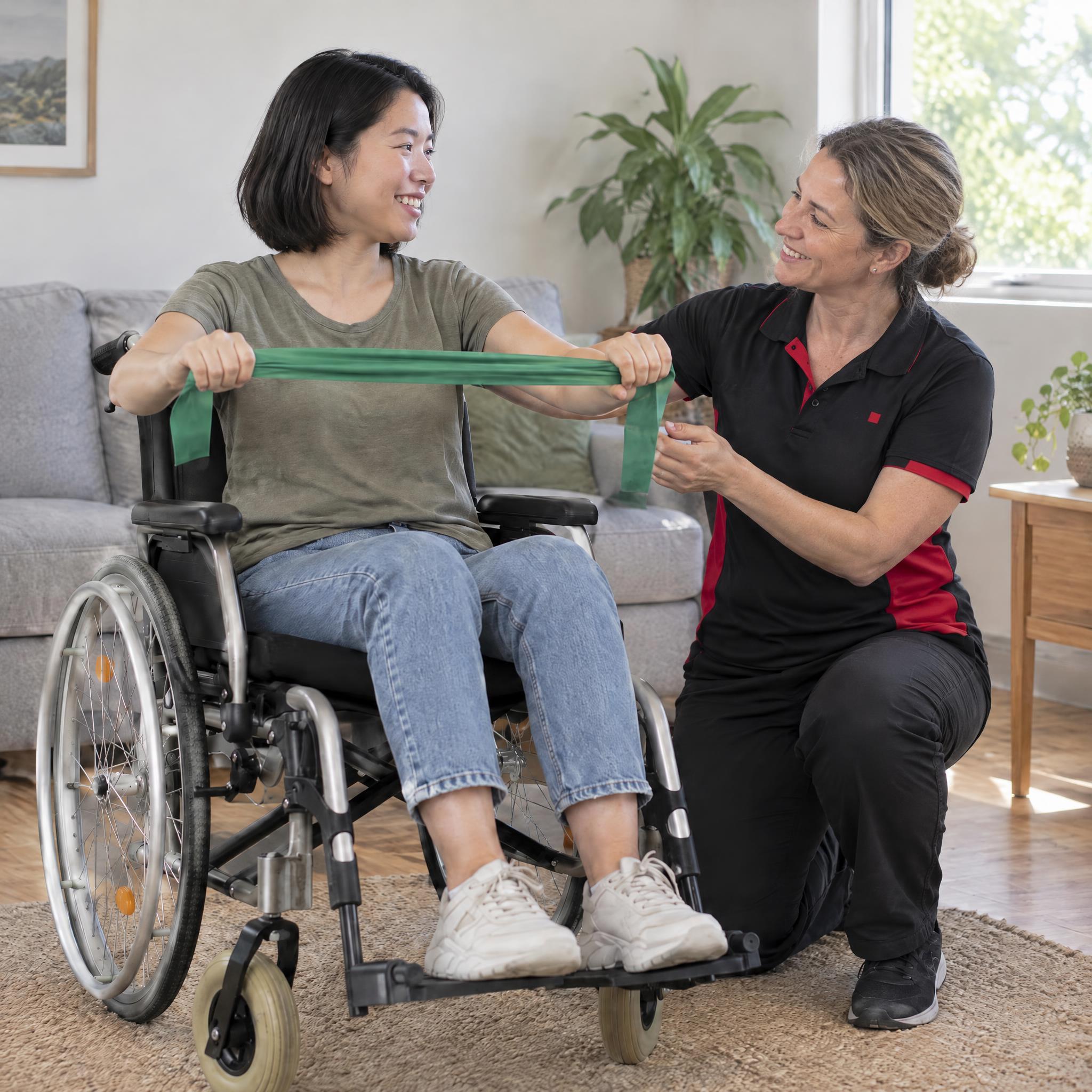 Occupational therapist helping a young woman in a wheelchair with a resistance band exercise in her lounge room