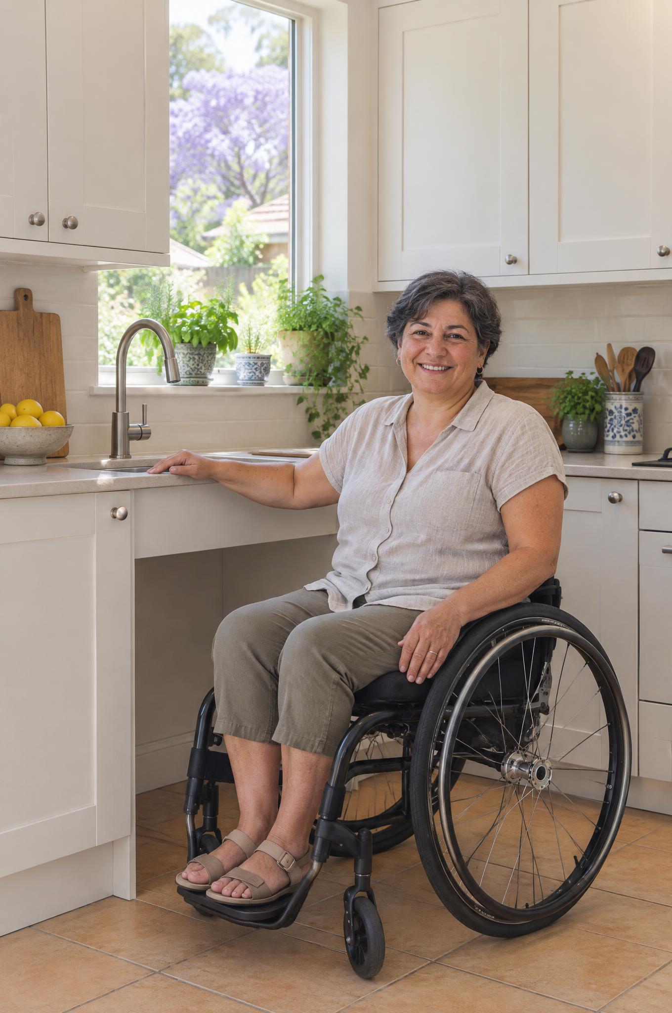 Woman in a wheelchair smiling beside a lowered kitchen bench with knee space under the sink