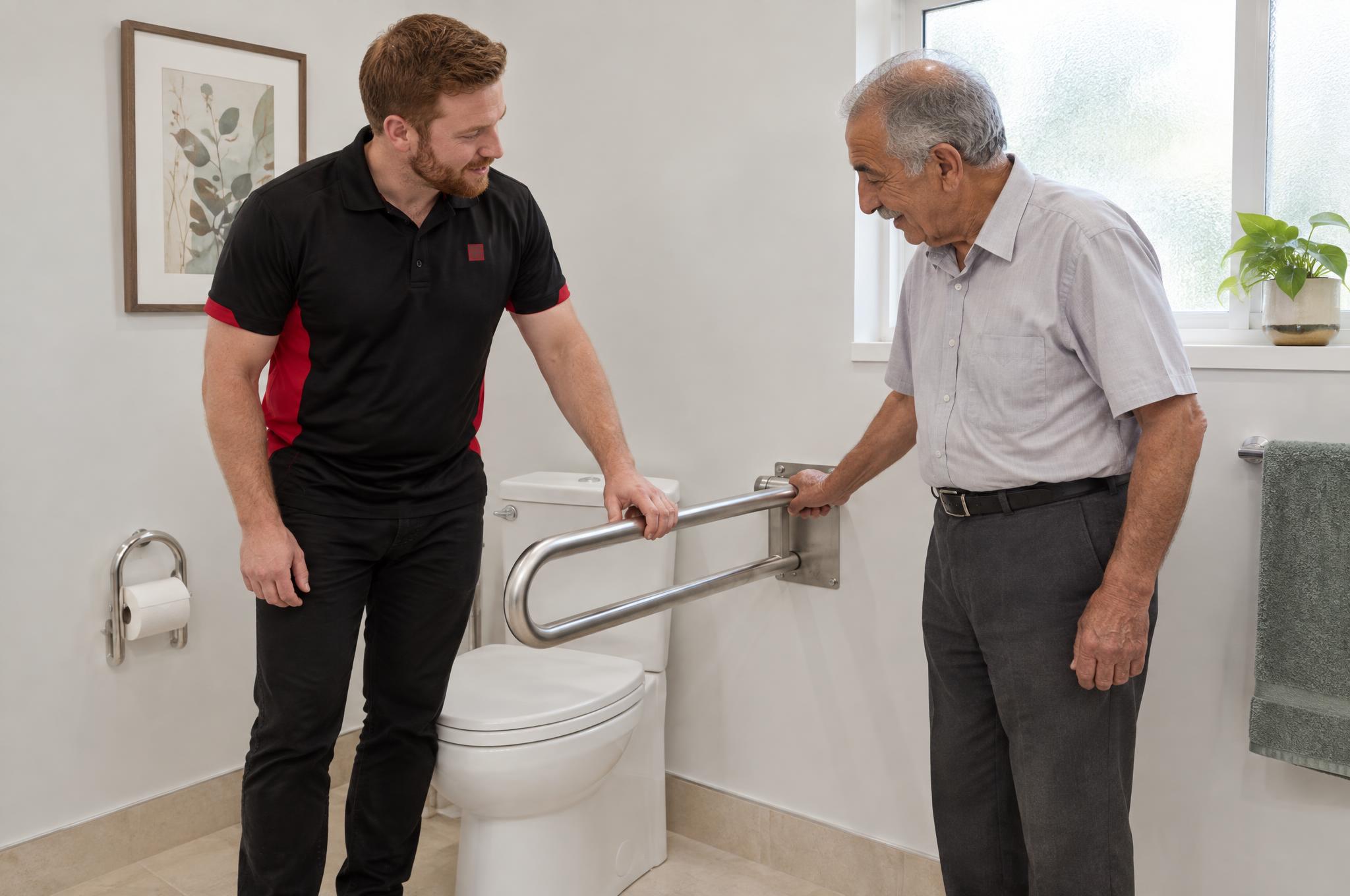 Occupational therapist checking the position of a toilet grab rail with an older man in his home bathroom