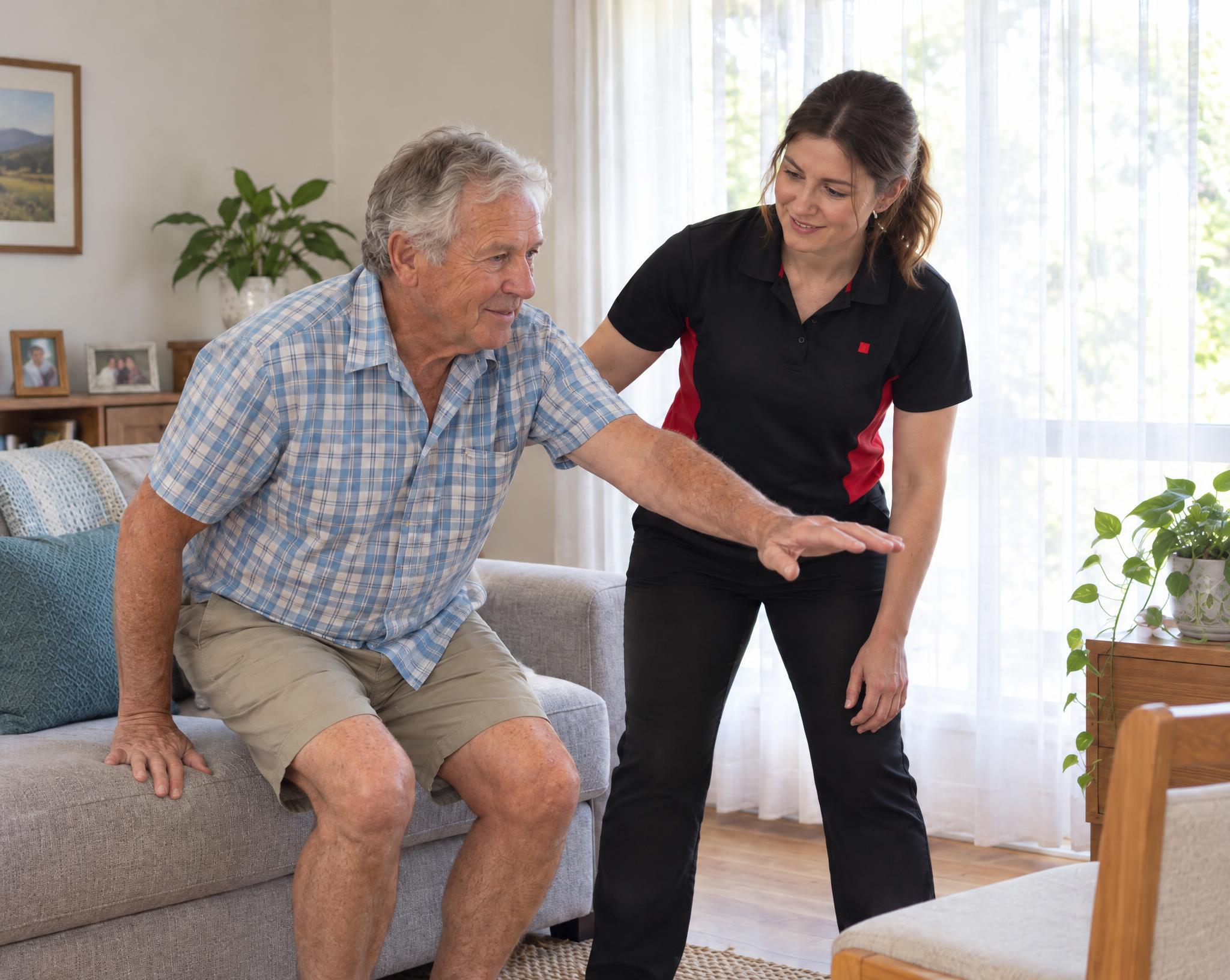 Occupational therapist watching an older man rise from his couch during a home assessment in his lounge room