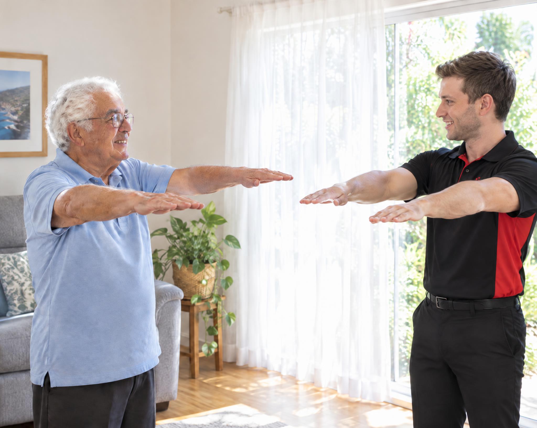 Occupational therapist guiding an older man through an arm-raise exercise in his lounge room