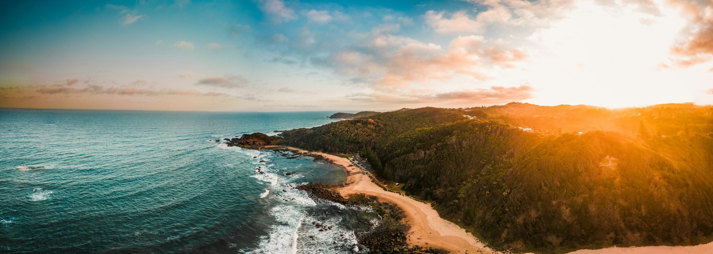 Port Macquarie coastline and beach at sunset