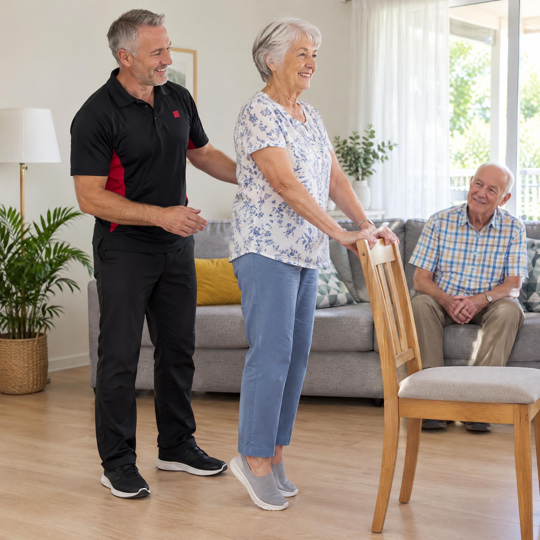 Occupational therapist supporting an older woman through a balance exercise at a dining chair in her lounge room while her husband watches