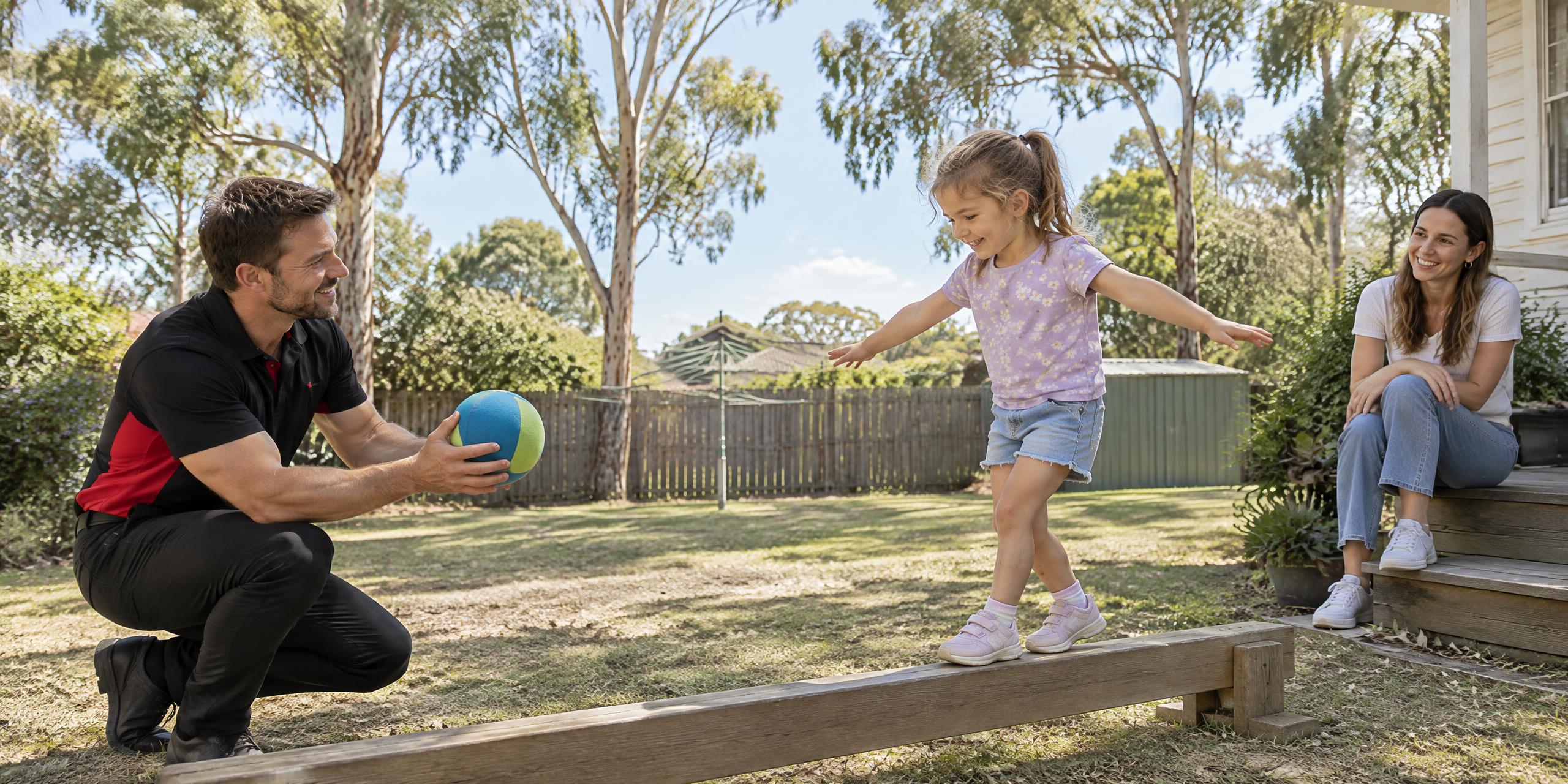 Occupational therapist playing a balance and ball game with a young girl in her backyard while her mum watches