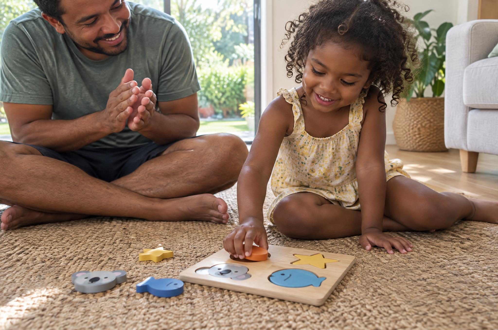 Young girl fitting a piece into a wooden shape puzzle on the lounge room rug while her dad claps