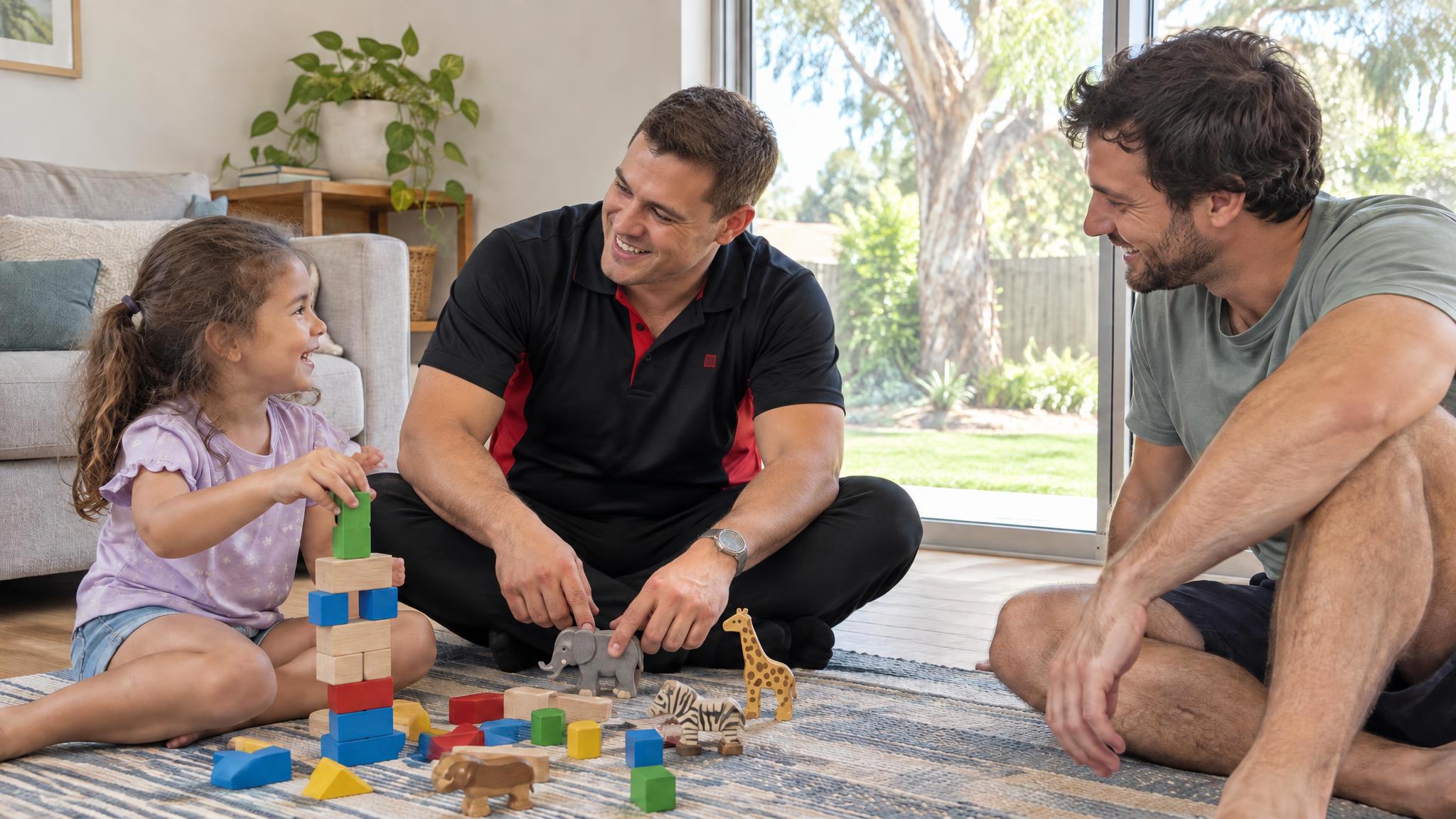Speech pathologist playing with blocks and toy animals with a young girl and her dad on the lounge room floor