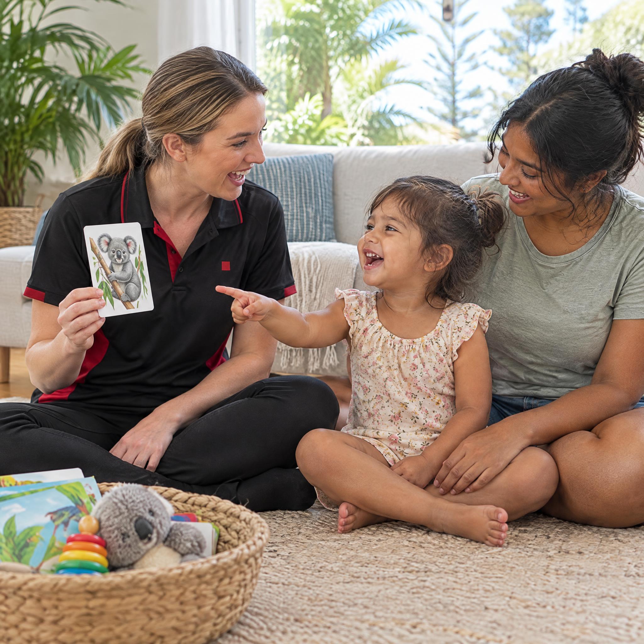 Speech pathologist in Ballina using a koala picture card with a laughing toddler and her mum at home