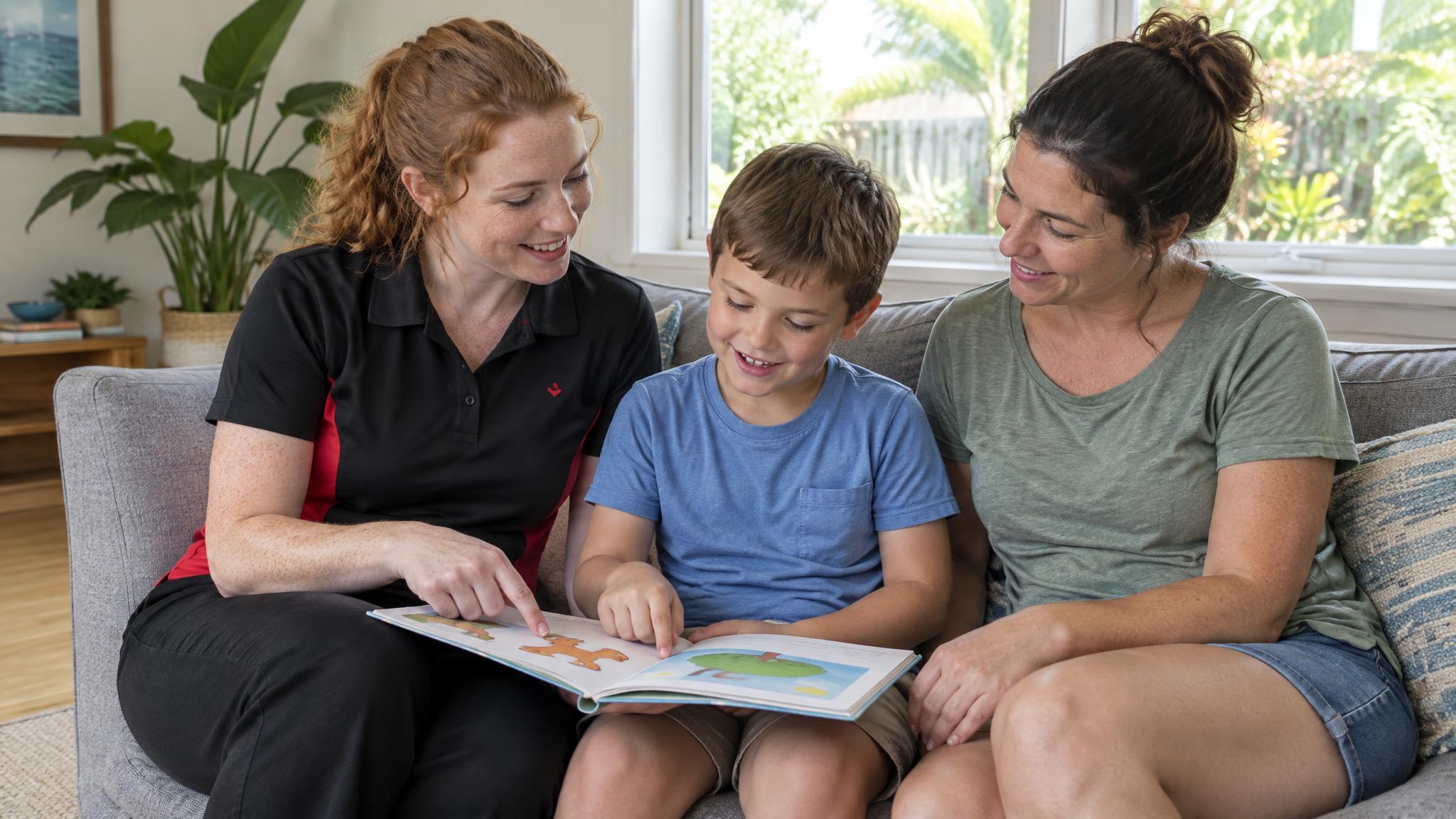 Speech pathologist reading a picture book with a young boy and his mum on their couch at home