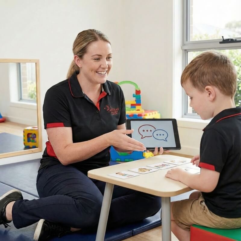 Astrad speech pathologist using picture cards and a communication tablet with a young child during a speech therapy session