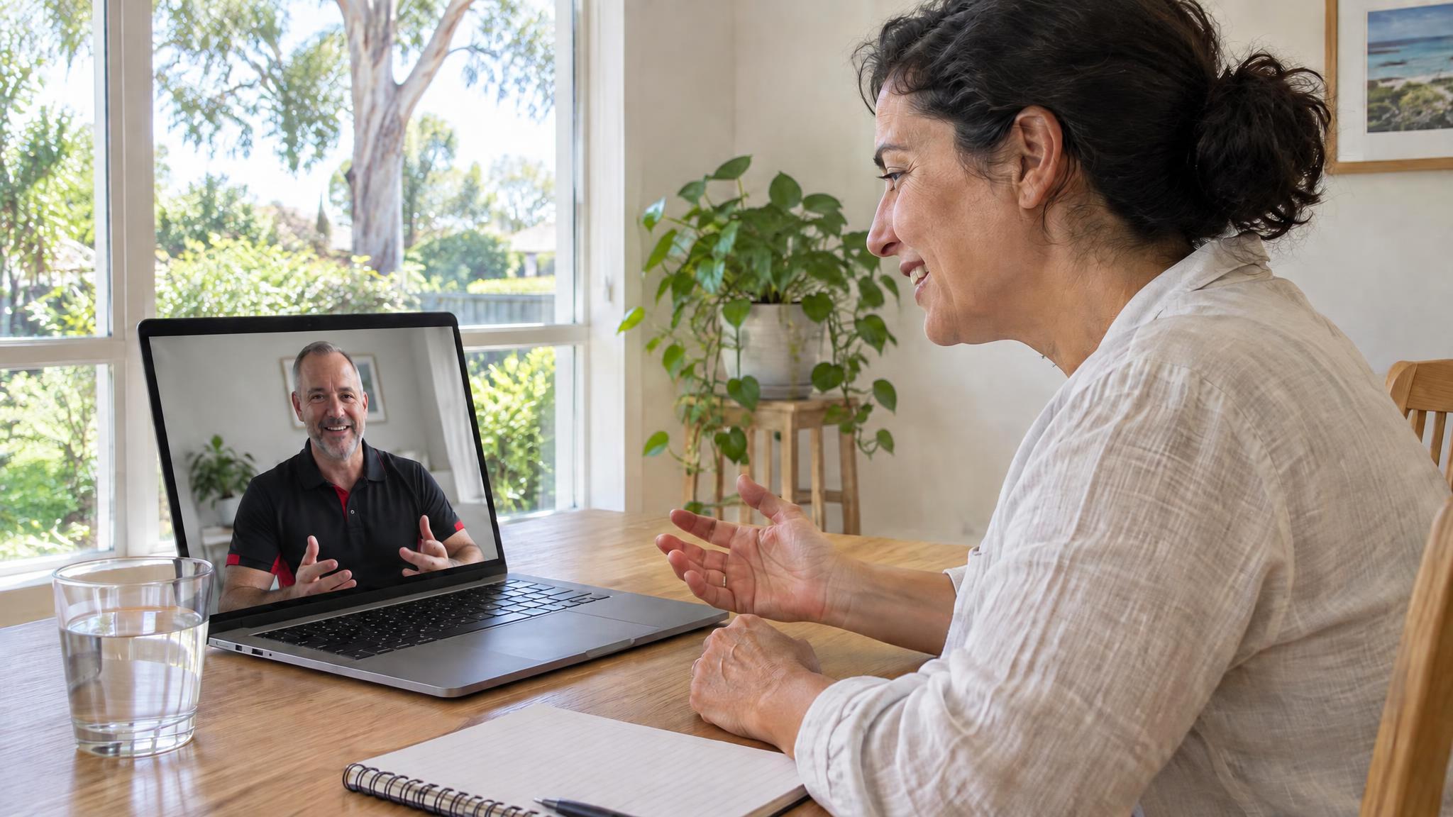 Woman at her dining table talking with a speech pathologist on a laptop video call during a telehealth session
